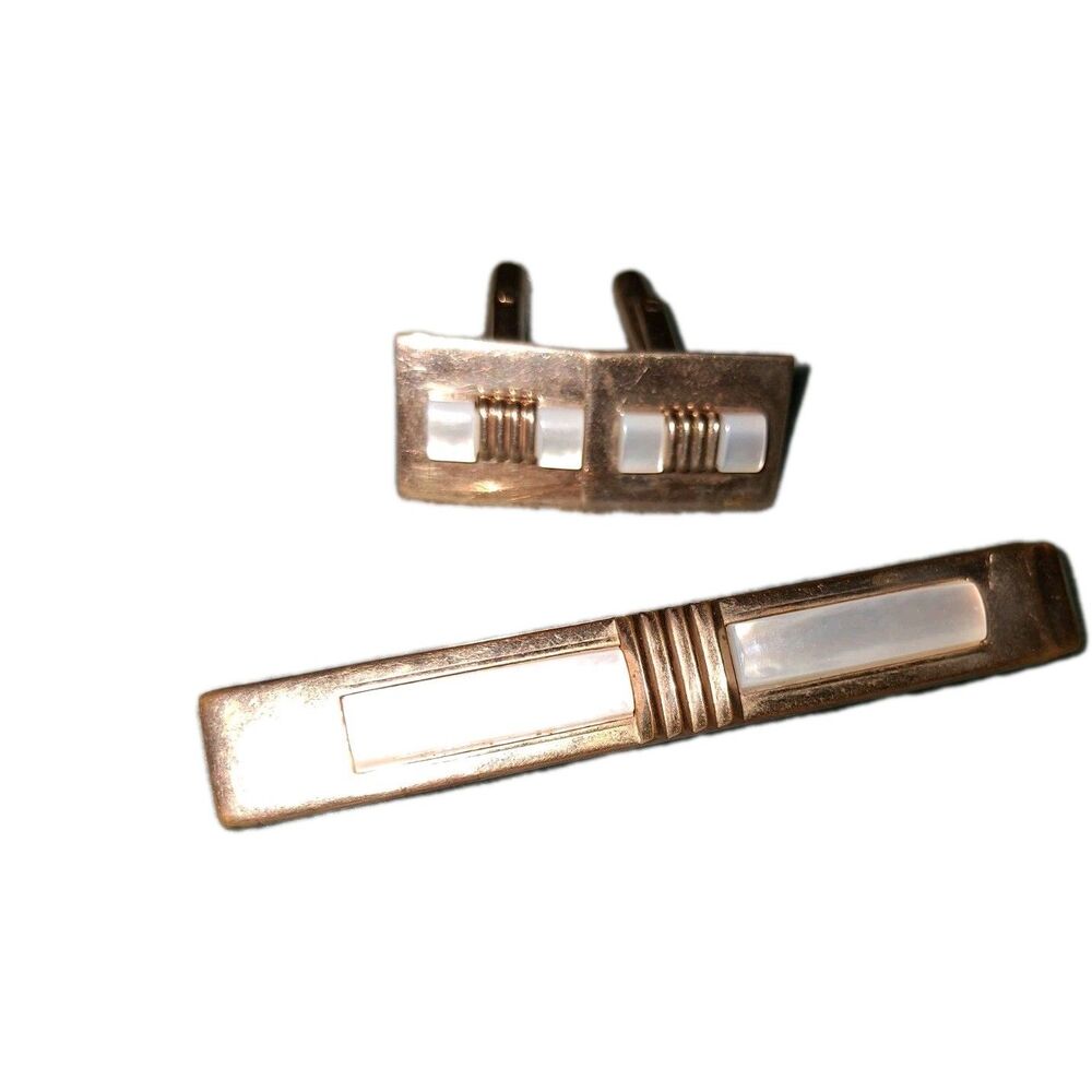 Vintage Gold Tone Mother of Pearl Cufflink and Tie Clip‎ Set Mens Formal Jewelry